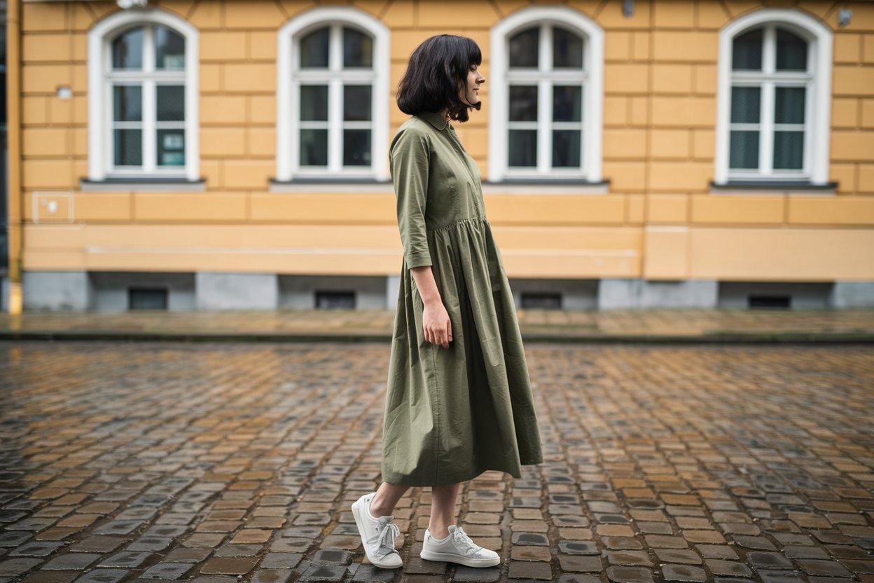 femme avec une robe et des baskets 4